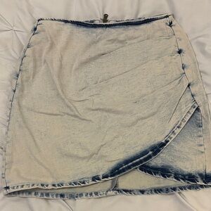 Distressed Denim Wrap Skirt - Cream and Blue